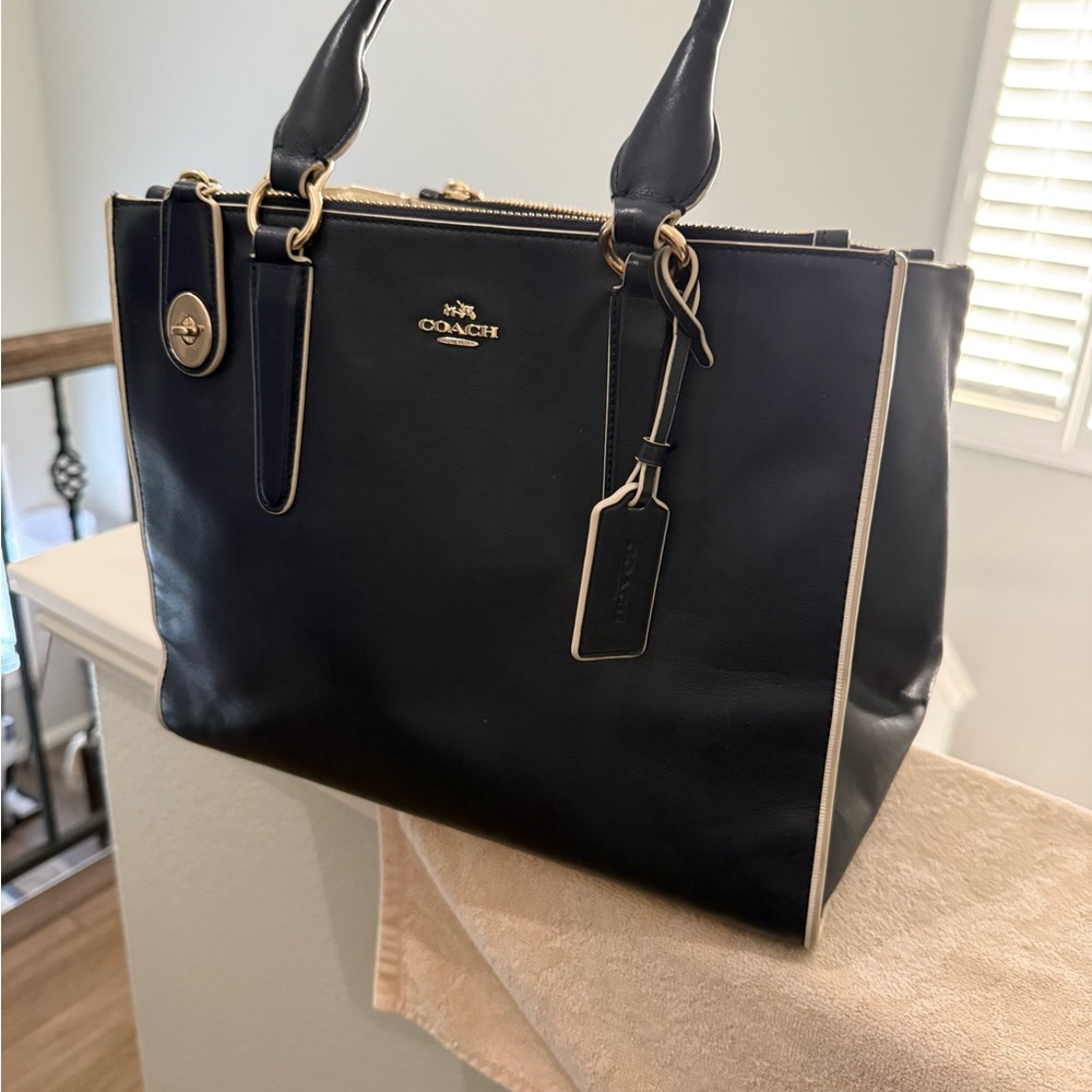 Coach Navy Leather Tote with Gold Accents